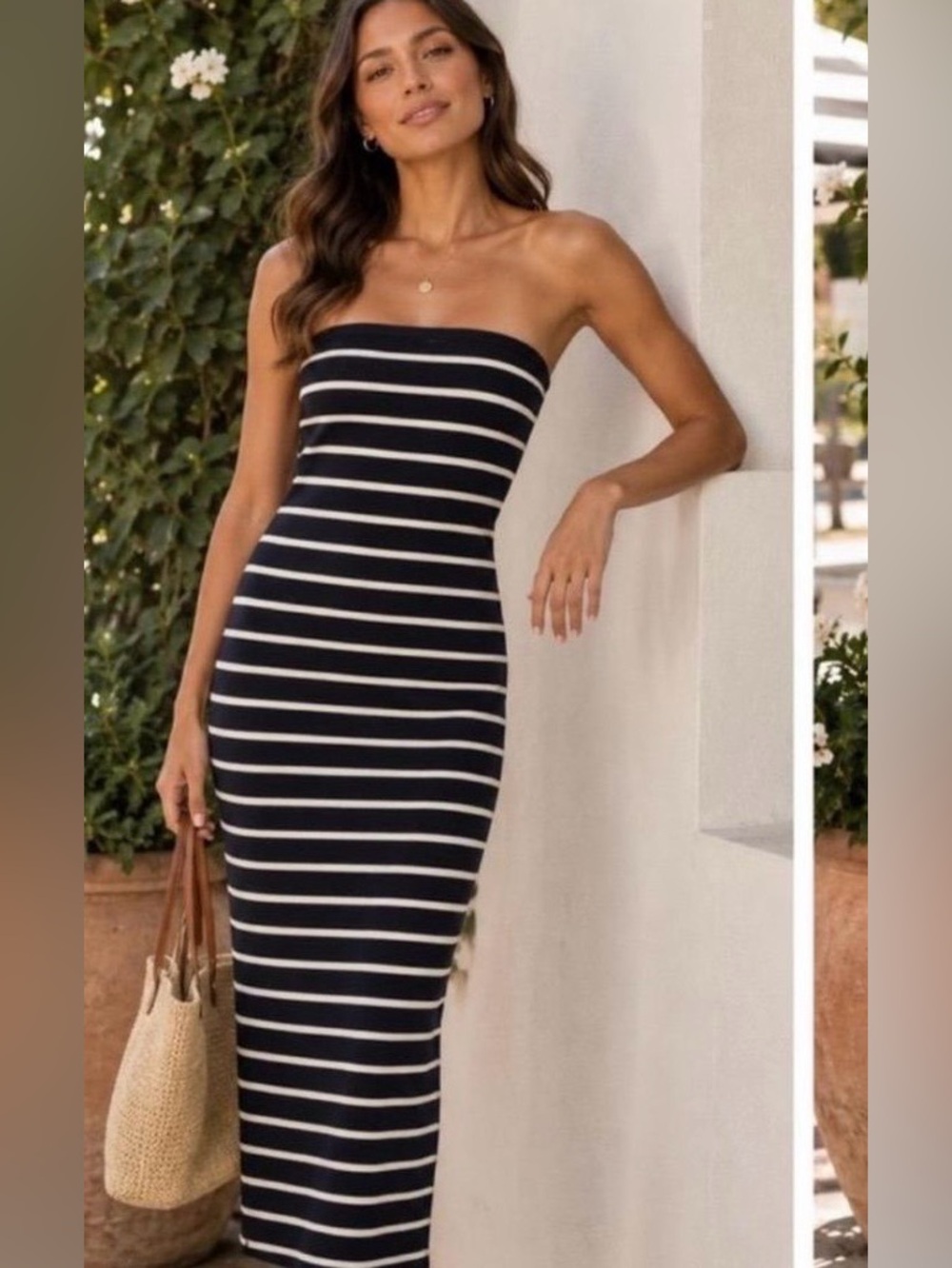 House of Harlow 1960 Strapless Black and White Stripe Midi Dress